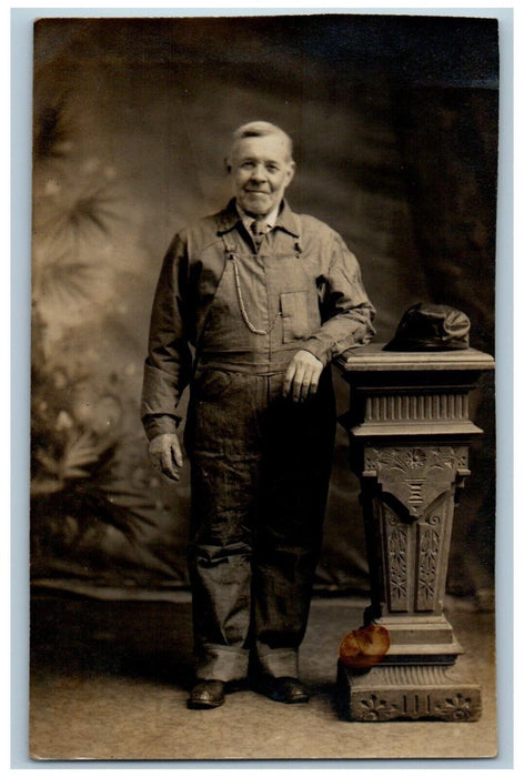 c1910's Man Occupational Overalls Railroad Studio RPPC Photo Antique Postcard