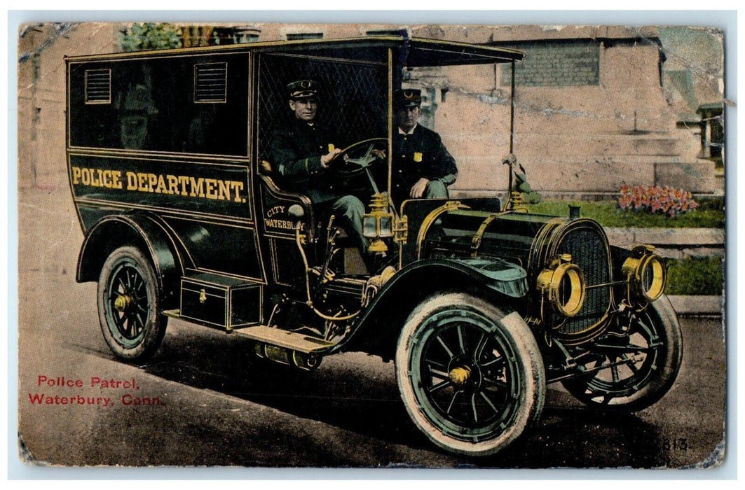 1911 Police Patrol Car Waterbury Connecticut CT Posted Antique Postcard