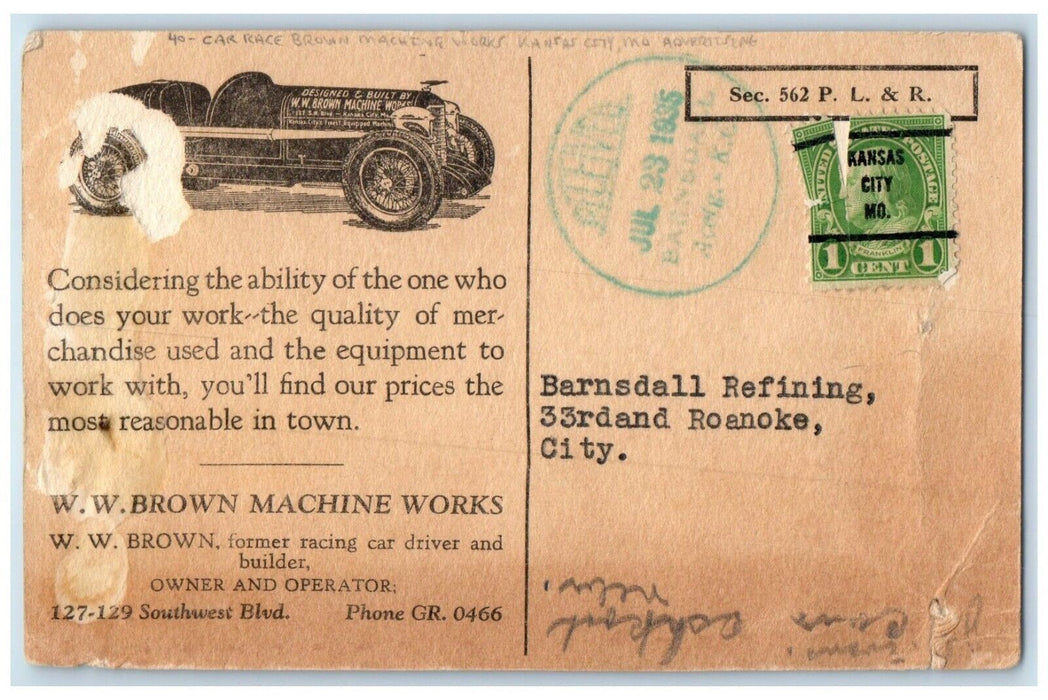1935 Car Race Brown Machine Works Kansas City Missouri MO Advertising Postcard