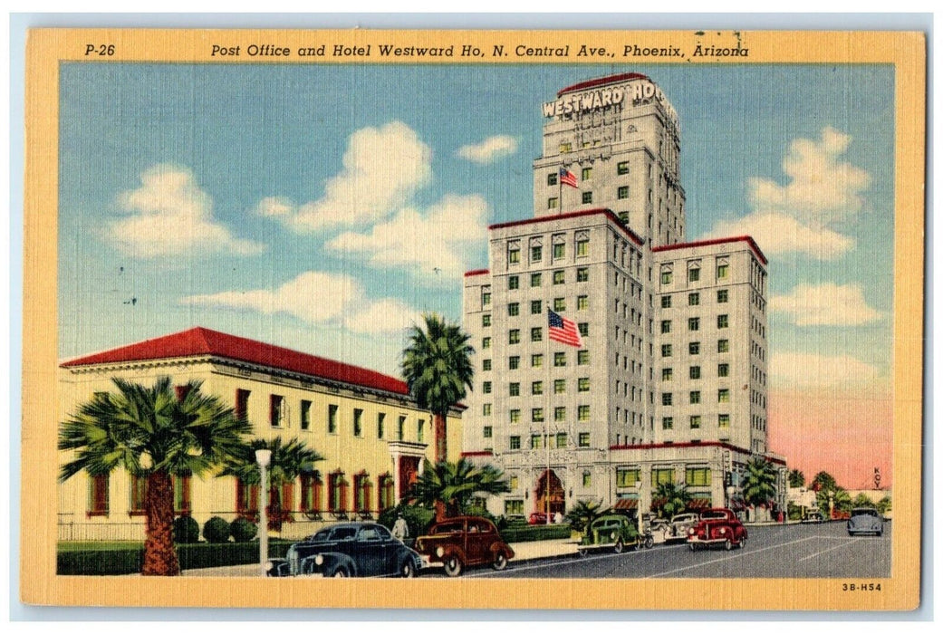 1951 Post Office Hotel Westward Ho Cars Phoenix AZ, Christmas Seal Tied Postcard