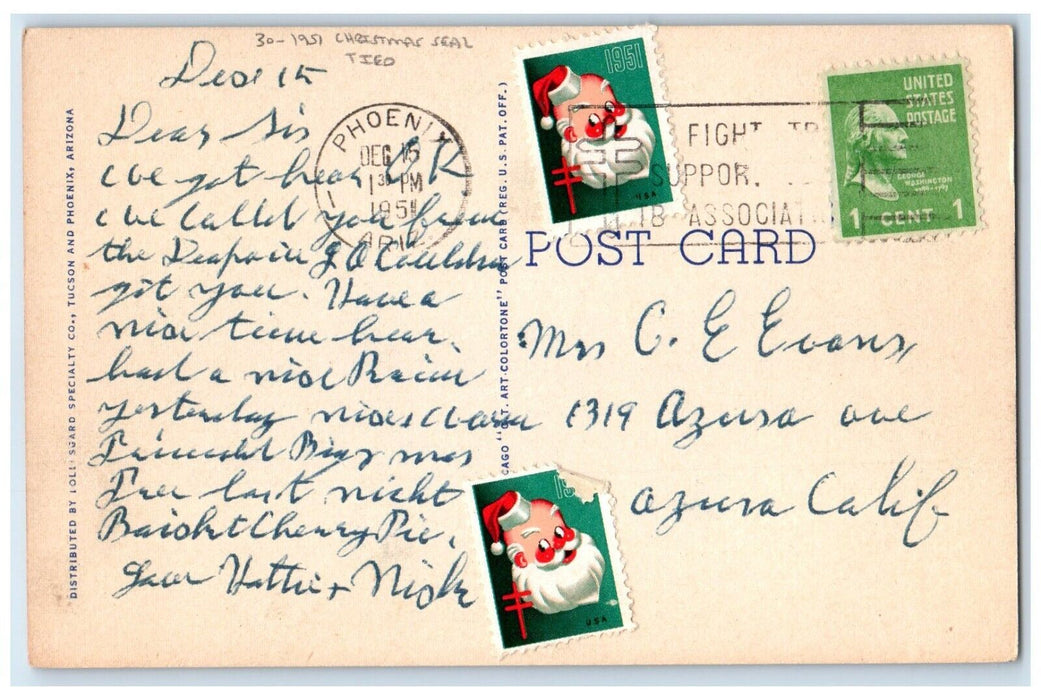 1951 Post Office Hotel Westward Ho Cars Phoenix AZ, Christmas Seal Tied Postcard