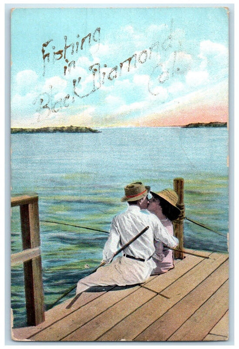 1911 Fishing In Black Diamond CA DPO 1868-1911 Couple Kissing Romance Postcard