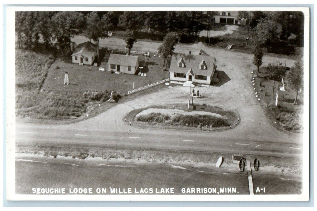 c1940's Seguchie Lodge Mille Lacs Lake Aerial Garrison MN RPPC Photo Postcard