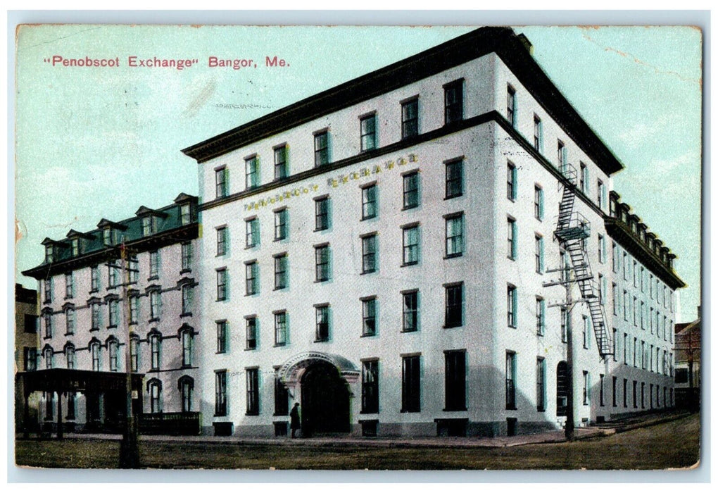 1910 Penobscot Exchange Building Scene Street Bangor Maine ME Antique Postcard