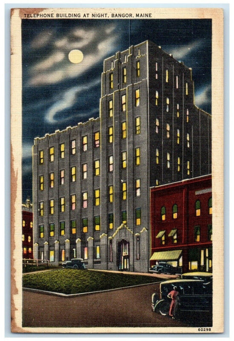 1950 Telephone Building At Night Moonlight Scene Bangor Maine ME Postcard