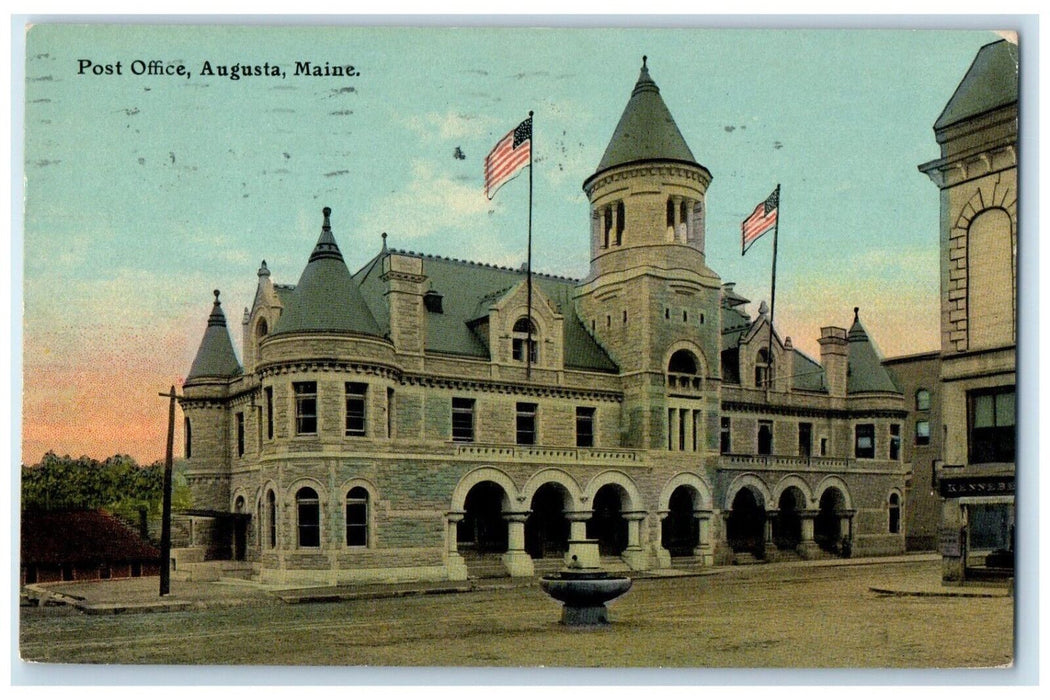 1913 Post Office Building Scene Street Augusta Maine ME Posted Antique Postcard