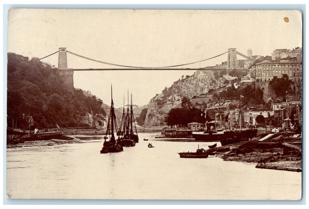 1908 Schooner Boat Bridge Over River Clifton Bristol England RPPC Photo Postcard