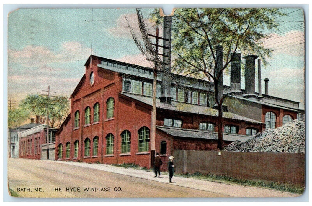 1909 The Hyde Windlass County Street Scene Bathe Maine ME Antique Postcard