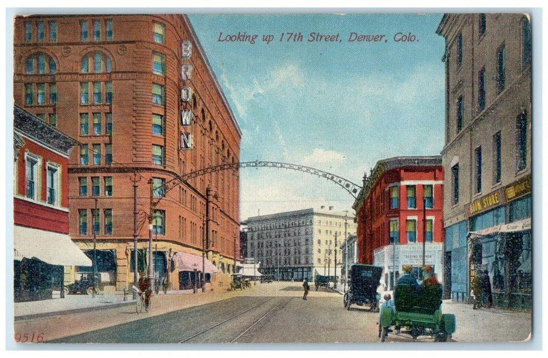 c1910's Looking Up 17th Street Cars Bicycle Denver Colorado CO Antique Postcard