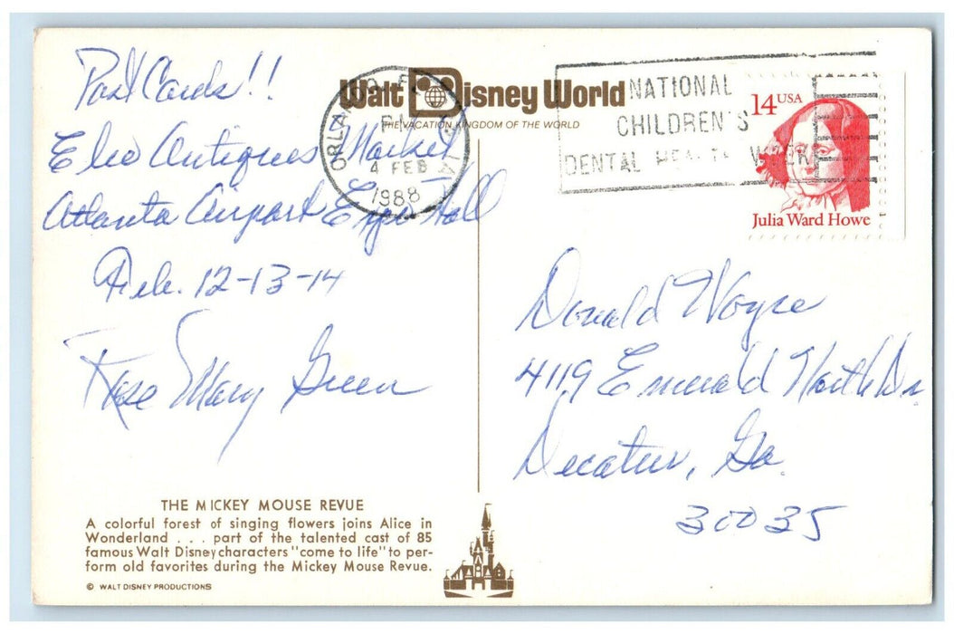 1988 Mickey Mouse Revue Singing Flowers Alice Wonderland Disney World Postcard