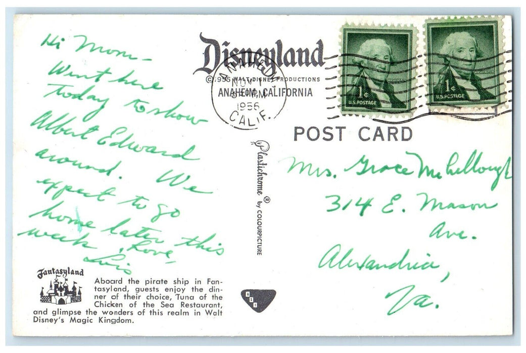 1956 Aboard Pirate Ship Chicken Sea Restaurant Fantasyland Disneyland Postcard