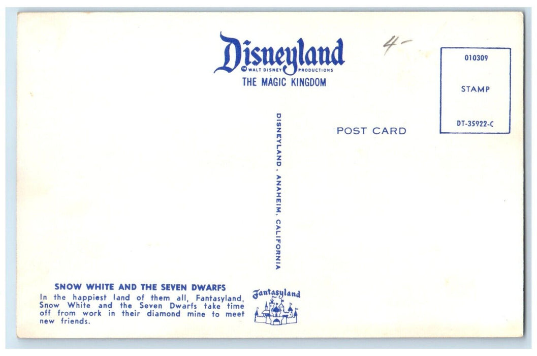 c1960 Snow White Seven Dwarfs Mascot Fantasyland Disneyland California Postcard