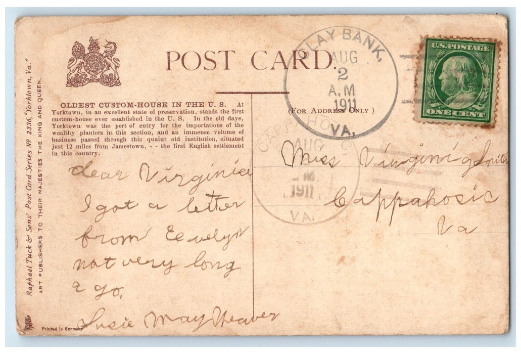 1911 Exterior View Oldest Custom House Yorktown Virginia Posted Vintage Postcard