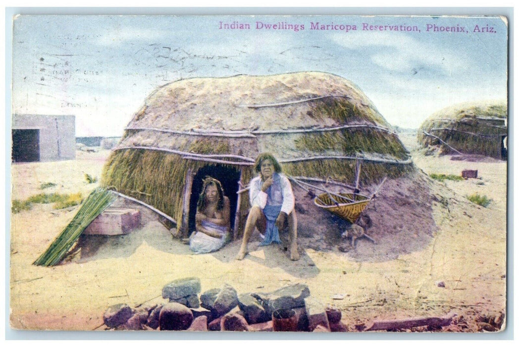 1916 Indian Dwellings Maricopa Reservation Phoenix Arizona AZ Vintage Postcard