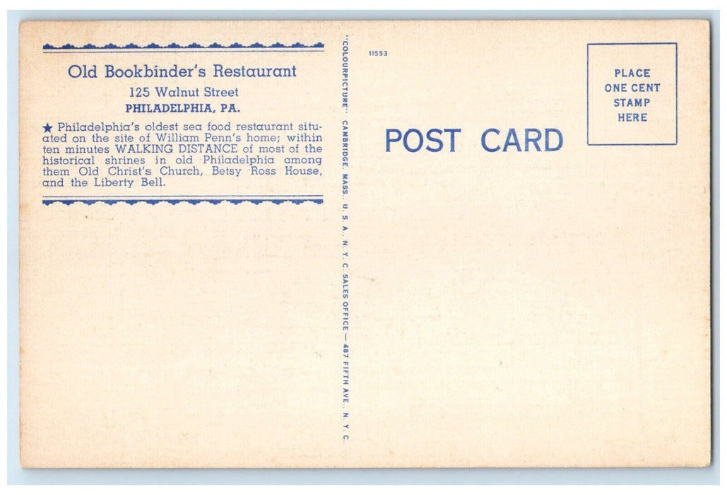 1940 Old Bookbinders Restaurant Walnut Street Philadelphia Pennsylvania Postcard