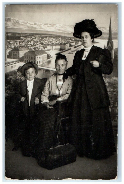 1909 Women Boy Studio Portrait View Tann Zurich Switzerland RPPC Photo Postcard