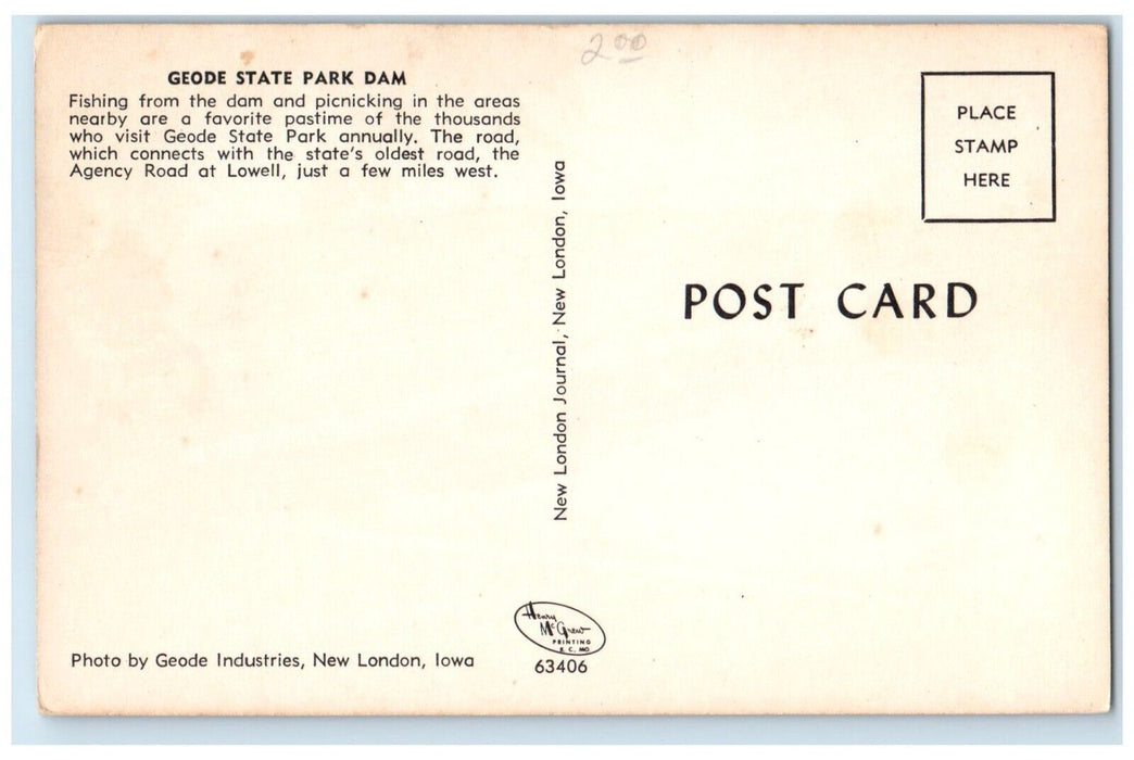 1960 Geode State Park Dam Fishing Dam Picniking Agency Road Lowell Iowa Postcard