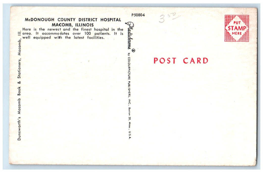 c1960 McDonough County District Hospital Exterior Field Macomb Illinois Postcard