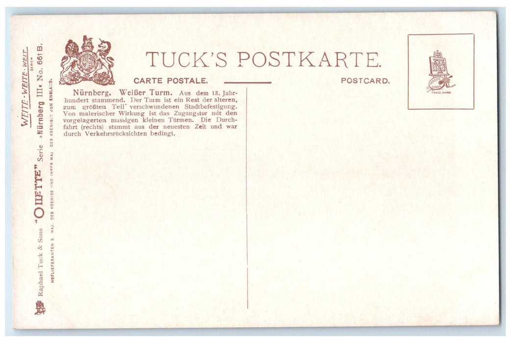 c1910 White Tower Entrance Arch Nuremberg Germany Oilette Tuck Art Postcard