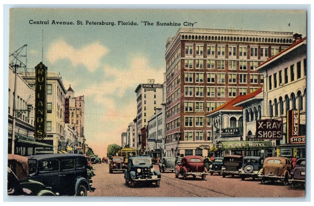 c1940 Central Avenue Sunshine City Classic Cars St. Petersburg Florida Postcard