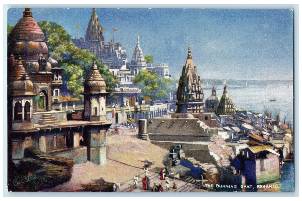 c1910 The Burning Ghat Varanasi India Unposted Oilette Tuck Art Postcard