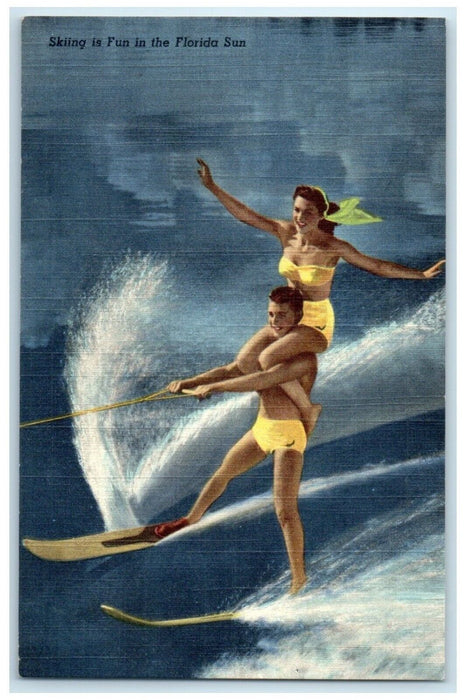 c1940 Skiing Fun Florida Sun Topside Tandem Cypress Gardens Water Ski Postcard