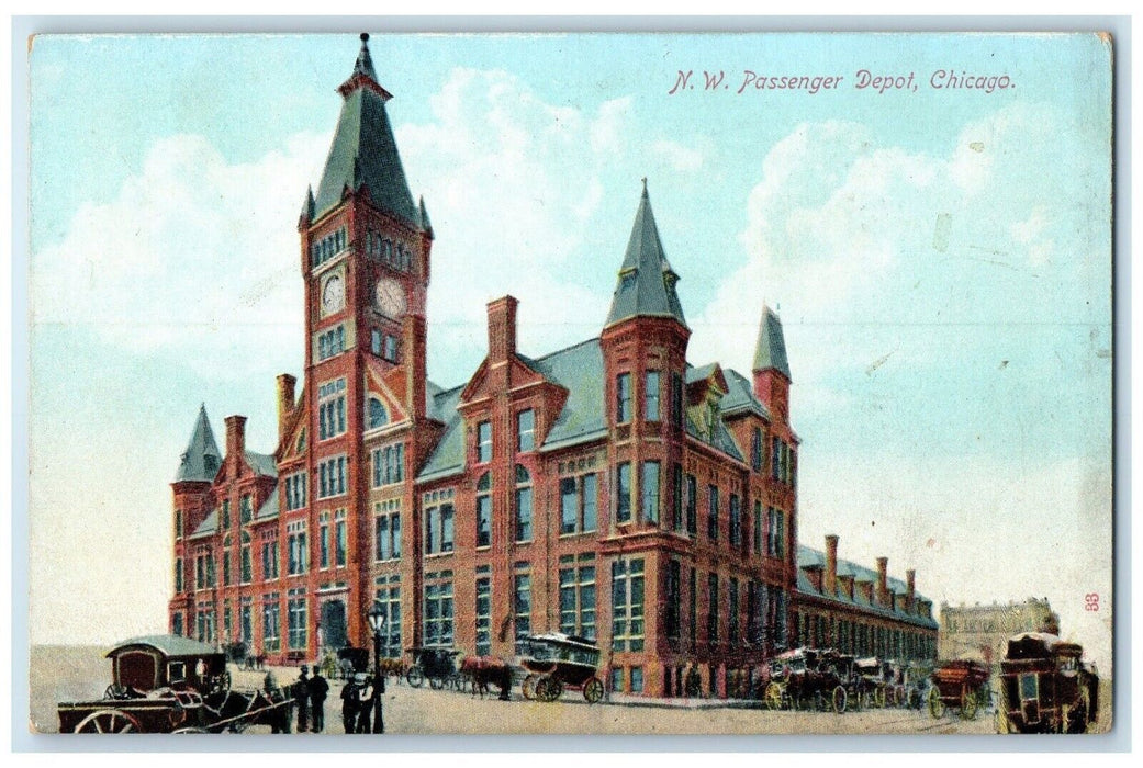 c1910 N.W. Passenger Depot Streetcar Exterior Building Chicago Illinois Postcard