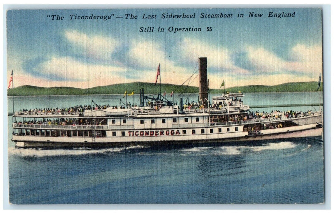 c1940 The Ticonderoga Last Sidewheel Steamboat New England Steamer Ship Postcard