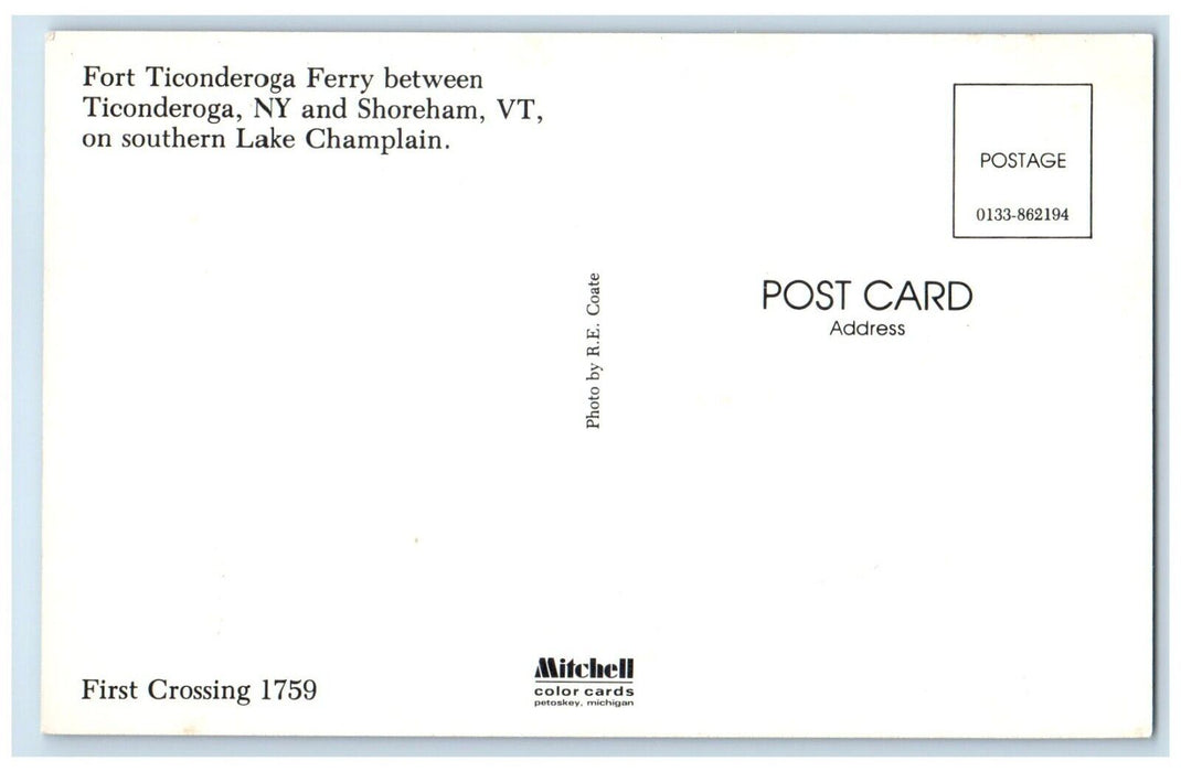 c1960 Fort Ticonderoga Ferry Shoreham Vermont Lake Champlain New York Postcard