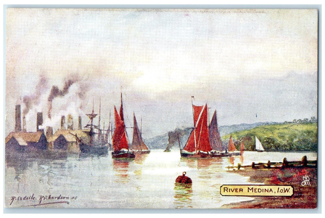 c1910 Boat Sailing in River Medina Isle of Wight Oilette Tuck Art Postcard