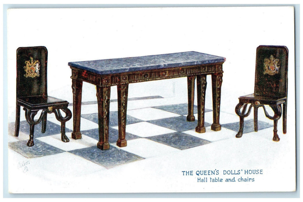 c1910 The Queens Dolls House Hall Table Chairs England Oilette Tuck Art Postcard