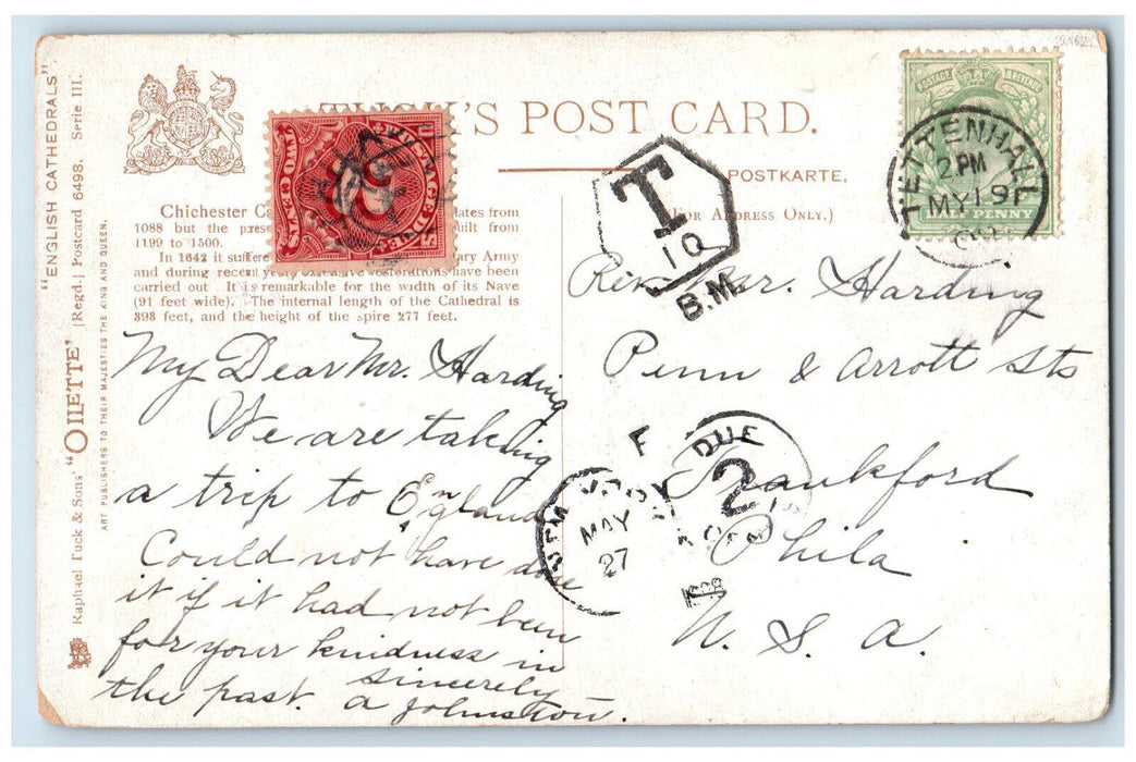 1908 Chichester English Cathedrals England Posted Oilette Tuck Art Postcard