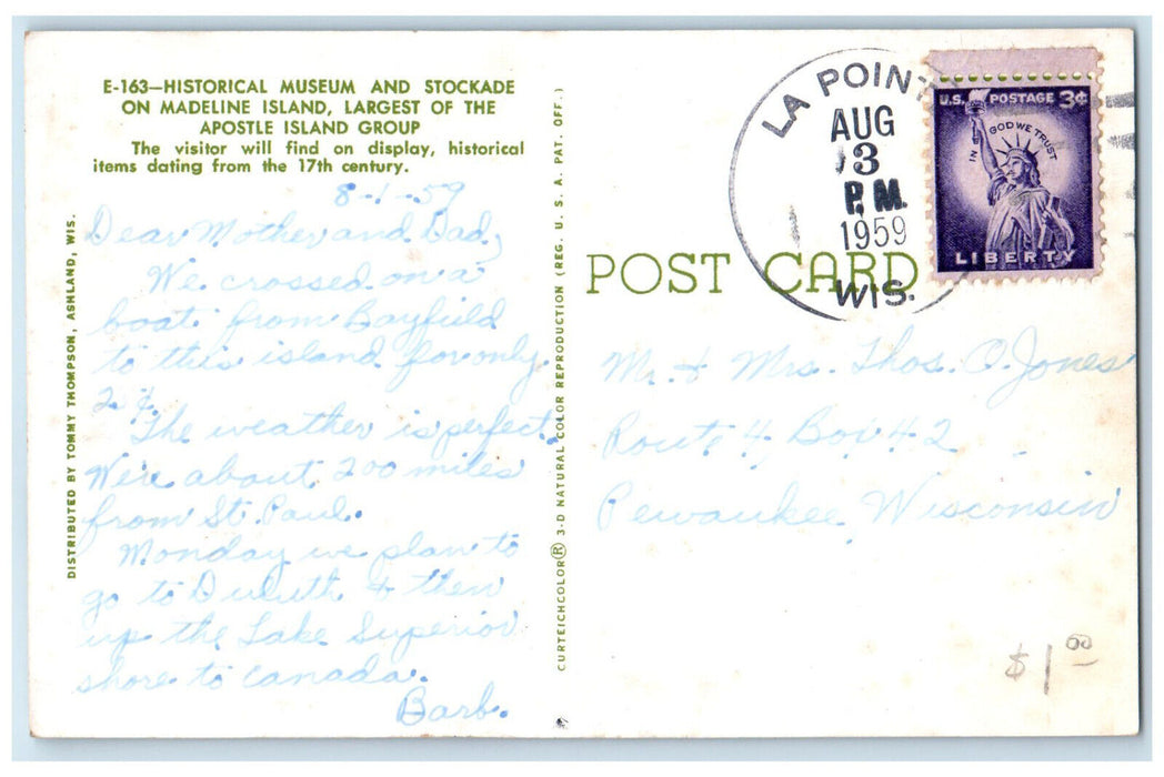 1959 Greetings from Historical Madeline Island La Point Wisconsin WI Postcard