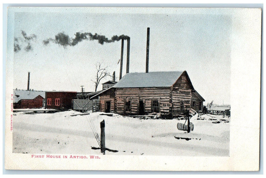 c1905 Chimney Smoke First House in Antigo Wisconsin WI Antique Unposted Postcard