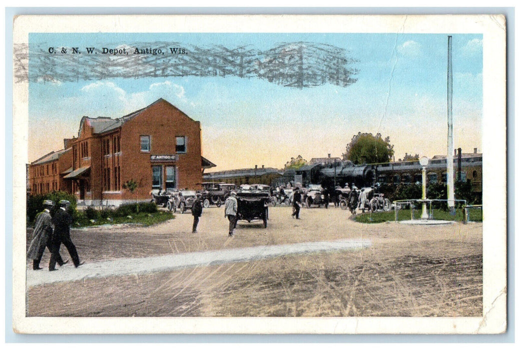 1918 Scene at C & N.W. Depot Antigo Wisconsin WI Antique Posted Postcard