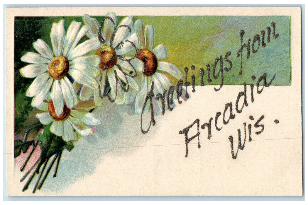 c1920's Greetings from Arcadia WI Embossed White Rose Glitters Postcard