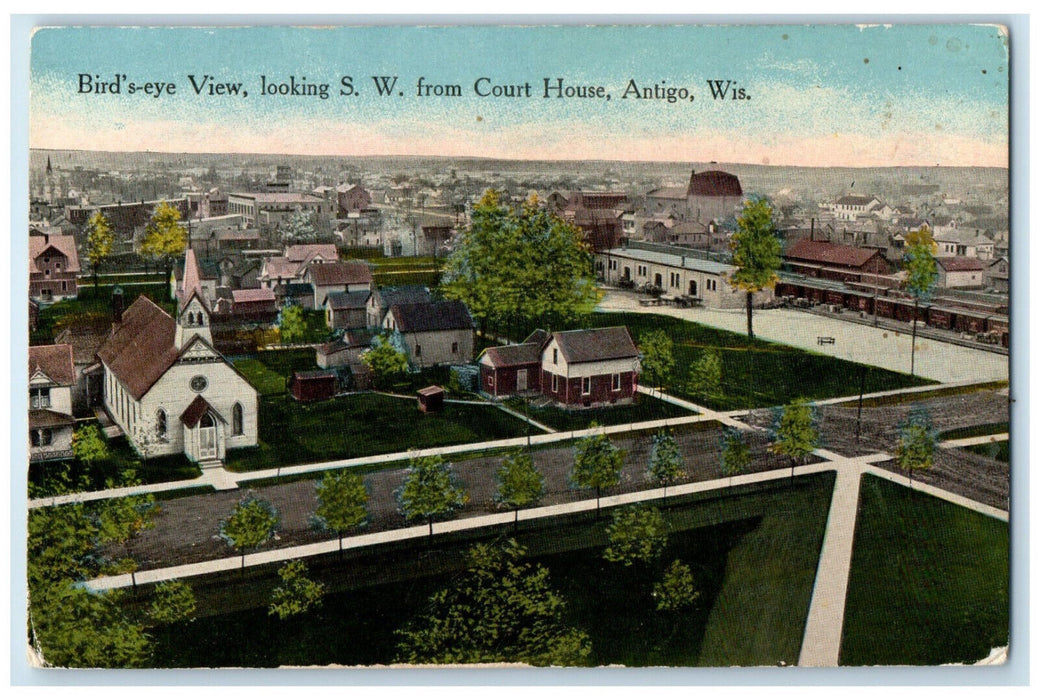 c1910 Bird's Eye View Looking S.W. from Court House Antigo Wisconsin WI Postcard