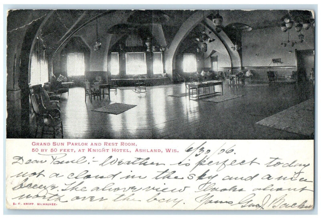 1906 Grand Sun Parlor Rest Room Knight Hotel Interior Ashland Wisconsin Postcard