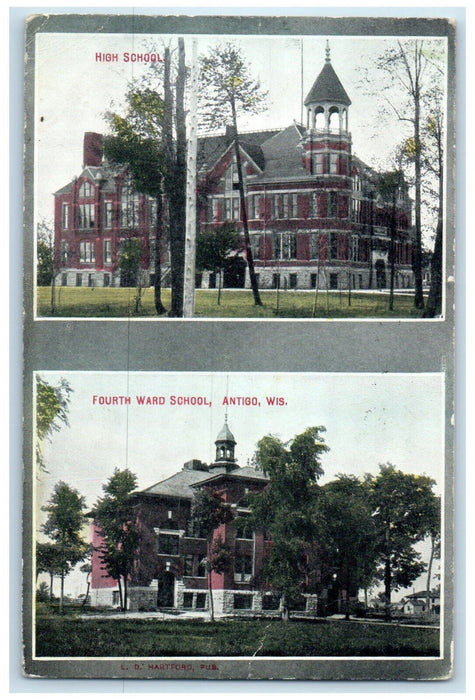 1910 High School Fourth Ward School Antigo Wisconsin WI Multiview Postcard