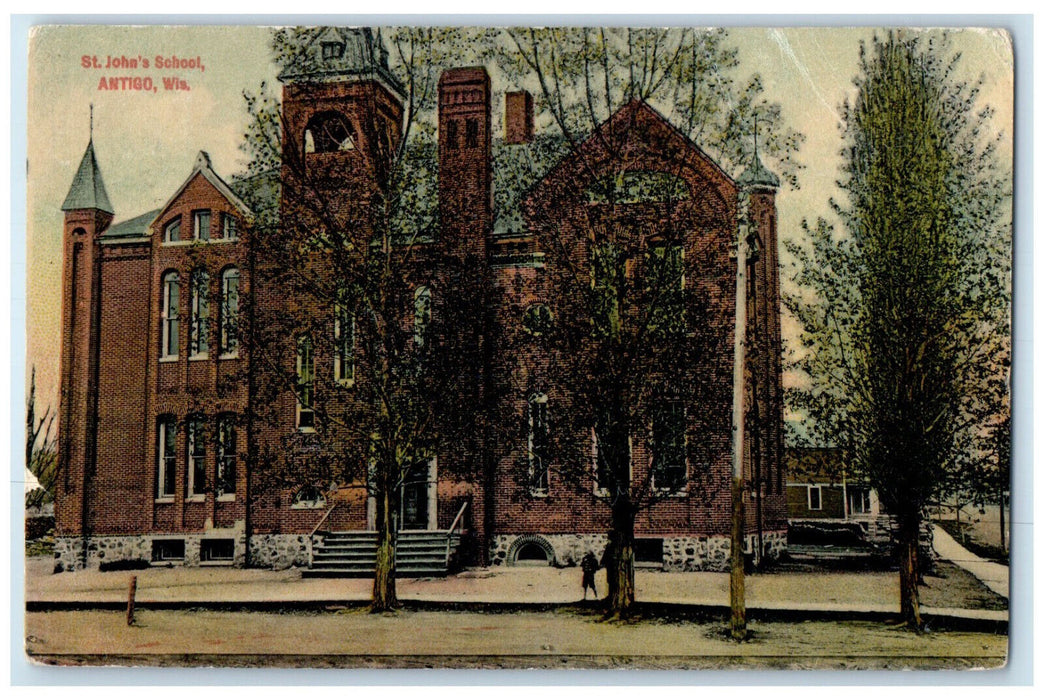 1909 View of St. John's School Antigo Wisconsin WI Antique Posted Postcard