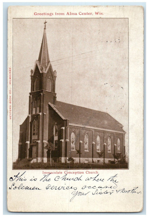 1906 Immaculate Conception Church Greetings from Almacenter WI Postcard