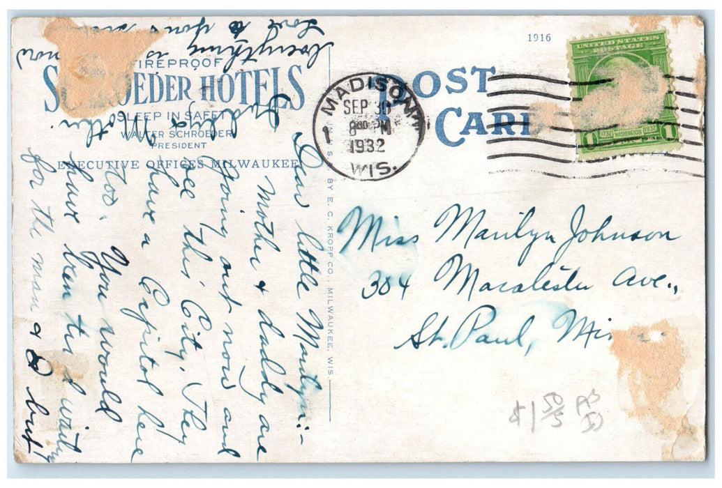 1932 Buildings Multiview Schroeder Hotels Wisconsin WI Vintage Posted Postcard