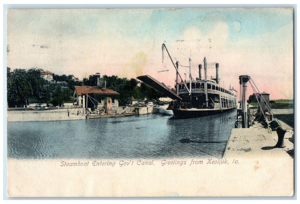 1908 Steamboat At Entering Gov't Canal Greetings From Keokuk Iowa IA Postcard