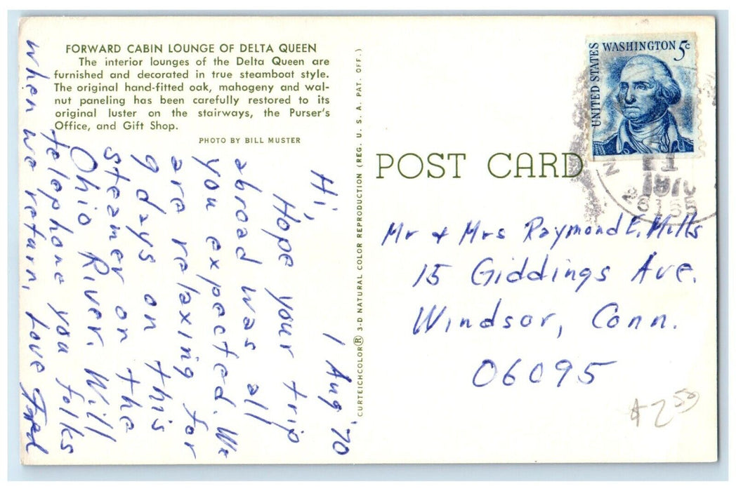1970 Forward Cabin Lounge Of Delta Queen Interior View Steamboat Style Postcard