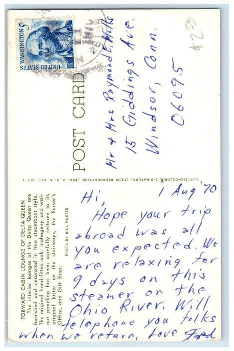 1970 Forward Cabin Lounge Of Delta Queen Interior View Steamboat Style Postcard