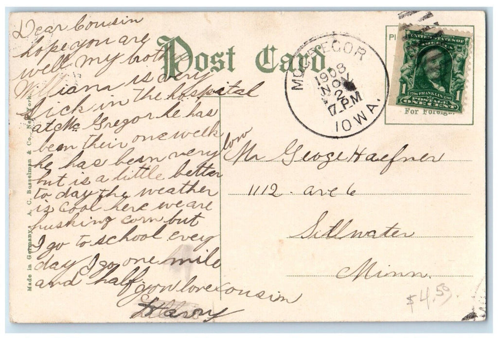 1908 Excursion Steamer Boat JS On Mississippi River McGregor Iowa IA Postcard