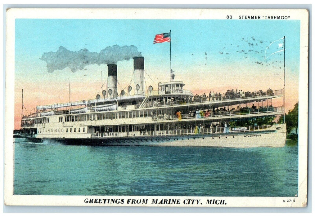 1936 Greetings From Marine City Michigan MI, Steamer Tashmoo Vintage Postcard