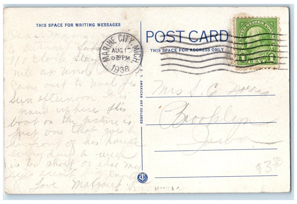 1936 Greetings From Marine City Michigan MI, Steamer Tashmoo Vintage Postcard