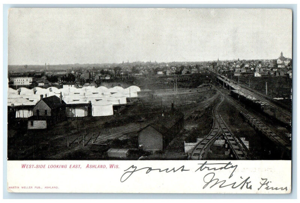 c1905 West-Side Looking East Exterior Building Rail Ashland Wisconsin Postcard