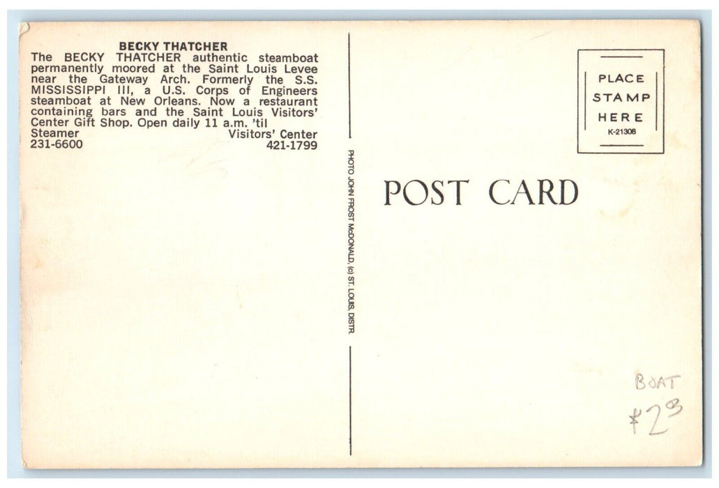Becky Thatcher Steamboat Moored At Saint Louis Levee Near Gateway Arch Postcard